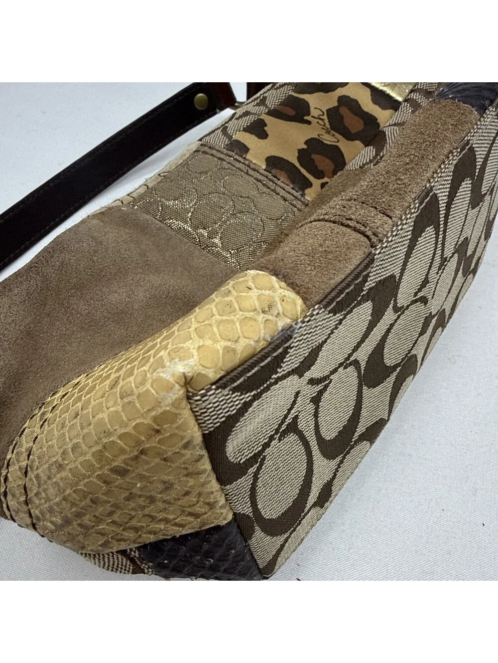 Coach Patchwork Shoulder Bag Brown Signature Leopard Y2K Mini Hobo Purse